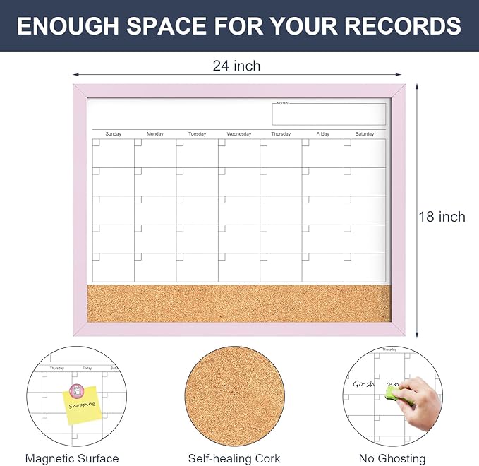 Dry Erase Calendar Cork Board Combo, 18x24 Inches Calendar Whiteboard for Wall, Magnetic White Board with Pink Wood Framed, Dry Erase Board for Planner Office Kitchen Home Memo