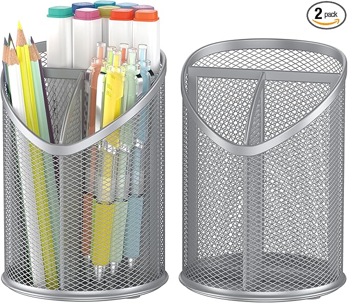 2 Pack Pen Holder Mesh Round Pencil (Silver)