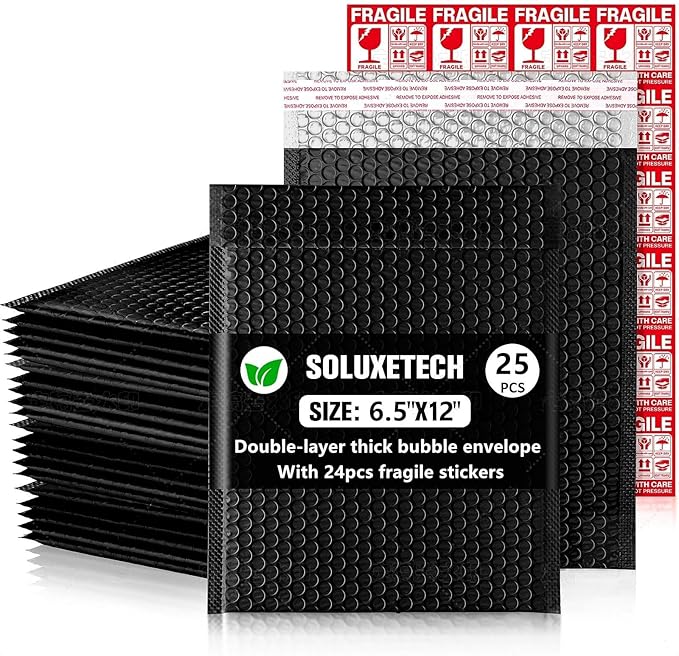 Bubble Mailers 6x12'' 25 Pack and 24PCS Fragile Stickers Bright Black Thick Waterproof Padded Poly Envelopes Bubble Wrap Mailers Self Seal Shipping Bags for Mailing Small Business Envelope Mailers #0