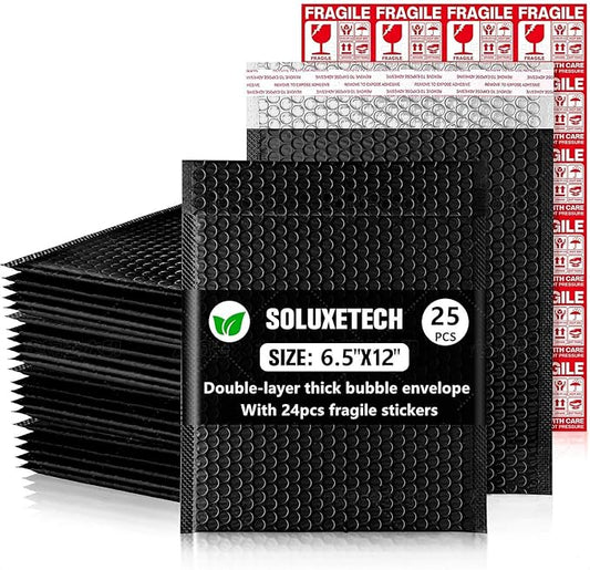 Bubble Mailers 6x12'' 25 Pack and 24PCS Fragile Stickers Bright Black Thick Waterproof Padded Poly Envelopes Bubble Wrap Mailers Self Seal Shipping Bags for Mailing Small Business Envelope Mailers #0