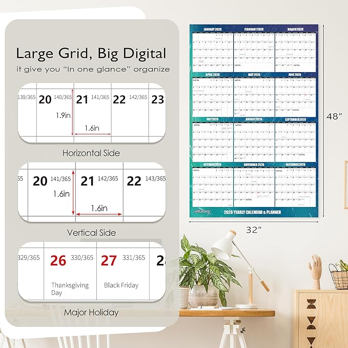 32" x 48" Apricity 2026 Wall Calendar Dry Erase - Aurora Green Wall Calendar Wet & Dry Erasable Laminated 12 Month Annual Yearly Planner, Reversible, Horizontal/Vertical,with Julian Dates