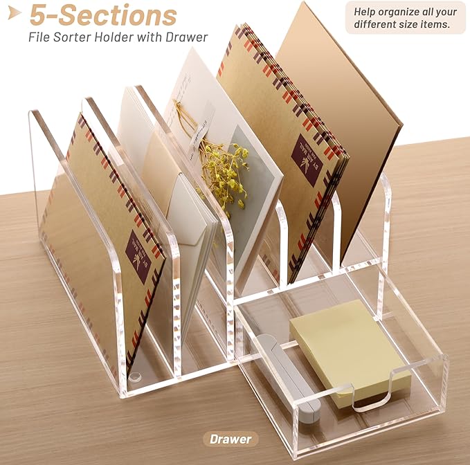 SANRUI Desk Organizers and Accessories, Acrylic Mail Organizer Countertop, 5-Slots File Sorter with Drawer, Desktop Organizer for Office Supplies