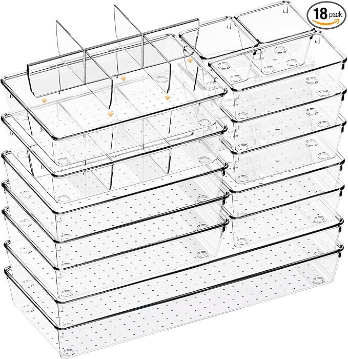 Criusia Drawer Organizer - 18 Pack Clear Large Kitchen Drawer Organization Trays, Non-Slip Dividers for Makeup, Jewelry, Utensils, Office, Bedroom, Bathroom
