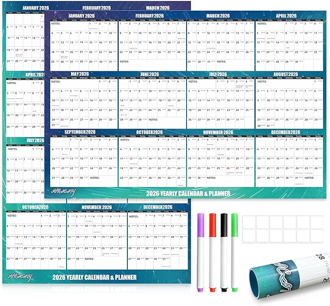 32" x 48" Apricity 2026 Wall Calendar Dry Erase - Aurora Green Wall Calendar Wet & Dry Erasable Laminated 12 Month Annual Yearly Planner, Reversible, Horizontal/Vertical,with Julian Dates