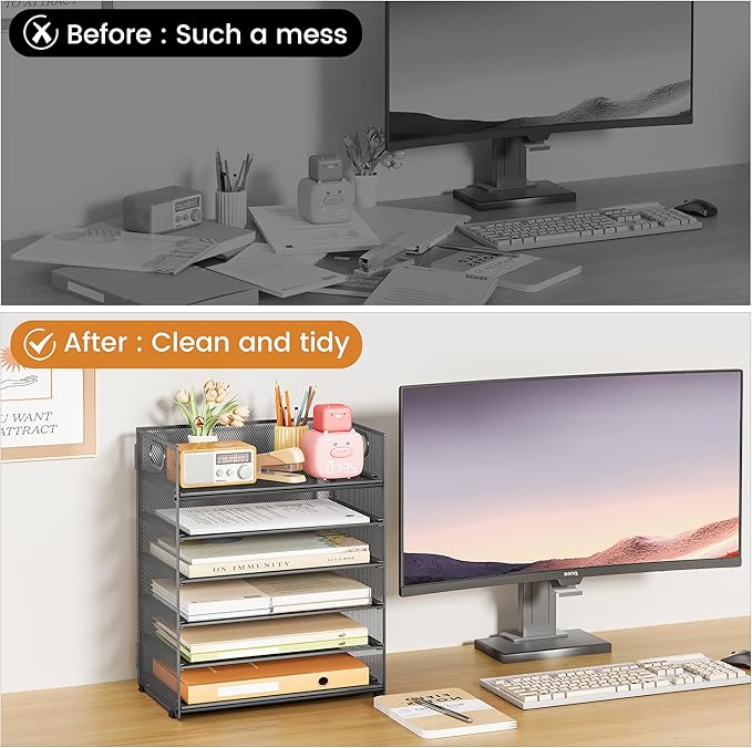 Subekyu 6 Tier Paper Organizer for Desk with Handle, Metal Mesh Desk Office File Folder Paper Letter Tray Accessories Organizer Sorter for Home, School, Office Desktop Document Organization - Gray