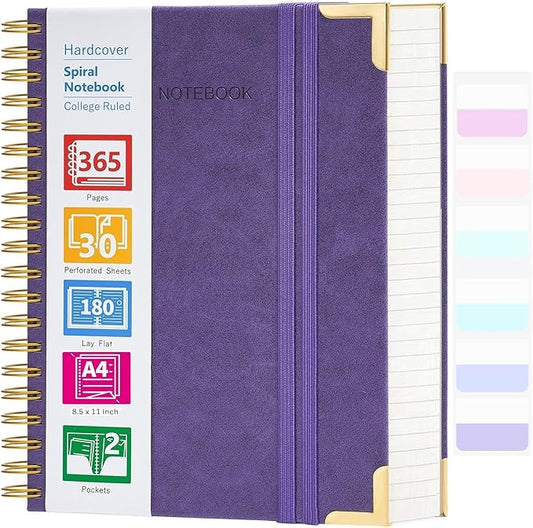 Spiral Notebook, 365 Page Hardcover College Ruled Notebook, 8.5" x 11", Large Leather Notebook Journal for Men Women, A4 Notebooks for Work School Notes, Journals for Writing, 24pcs Index Tabs, Purple