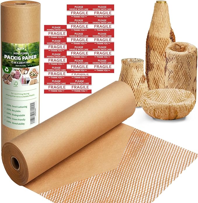 Honeycomb Packing Paper Wrap 15"x200' Sustainable Alternative to Bubble Cushioning Wrap for Moving/shipping/packing Roll with 20 Fragile Sticker Biodegradable & Fully Recylable