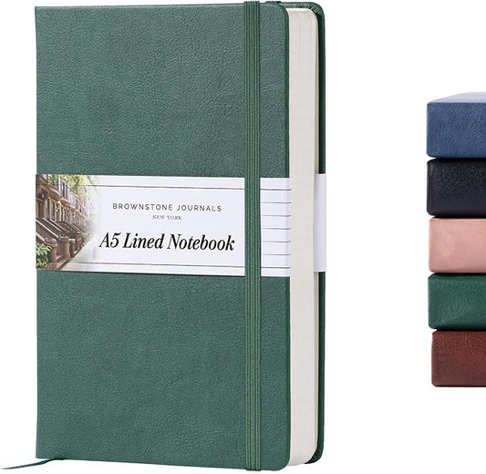 BROWNSTONE JOURNALS A5 Hardcover Lined Journal 5x8 - Notebook for Work & Writing, 160 Pages Thick 100 GSM Paper, Lay Flat Binding, Elastic Band, Ribbon Bookmark (Darthmouth Green)