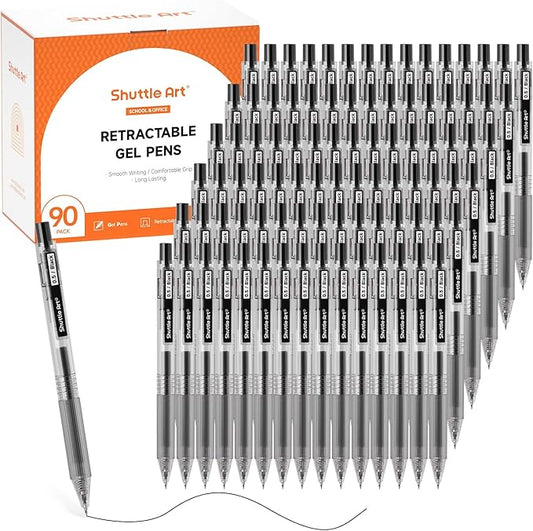 Shuttle Art Black Gel Pens, Ink Glide Series 90 Pack Retractable 0.5mm Fine Point Rollerball Gel Ink Pens Bulk Set Quick Drying Smooth Writing with Grip for Journaling Note Taking Office School Home