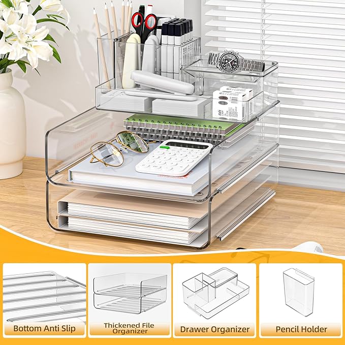 YKLSLH Paper Organizer Letter Tray - Acrylic Stackable Desk File Organizer with 5-Gird Tray and Pencil Holder, Clear Paper Sorter Office Organizer for Letter/A4, Office File Ipad Books Notes Etc