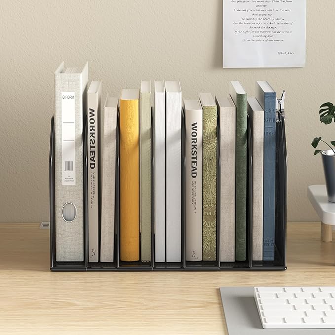 Metal 7-Section File Folder Organizer for Desk | Vertical Office File Holder | Heavy-Duty Mesh Document Sorter for Books, Binders, Laptops | Black Desk Organizer (12.8”x8.5”x7.9”)