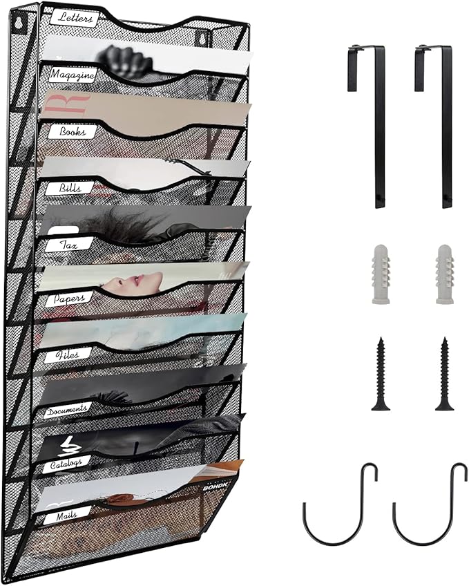 Wall File Organizer, 10 Tire Hanging File Folder Mail Organizer, Vertical Mesh Metal Door/Wall Mount Hanging File Holder, Paper Document Magazine Rack with Hooks for Home Office Black
