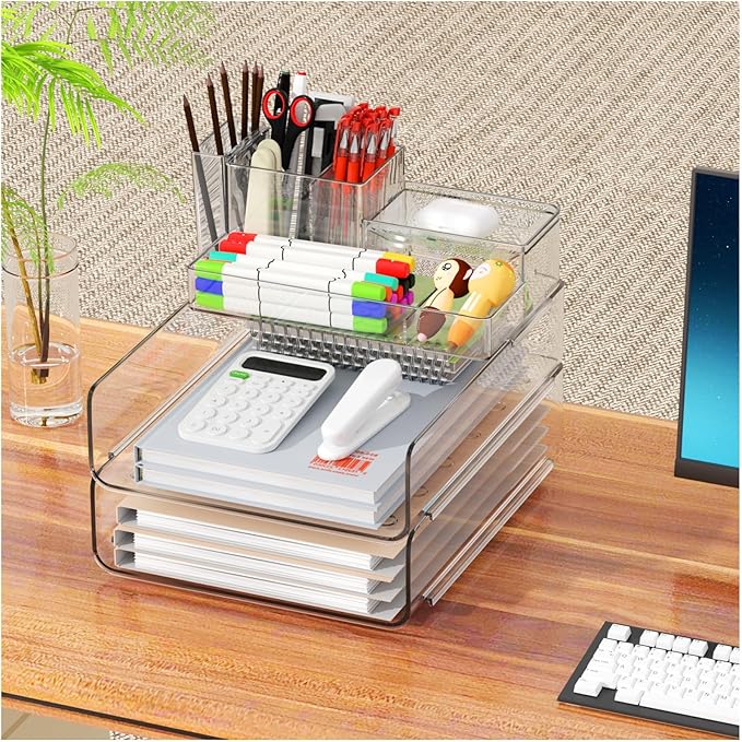 YKLSLH Paper Organizer Letter Tray - Acrylic Stackable Desk File Organizer with 5-Gird Tray and Pencil Holder, Clear Paper Sorter Office Organizer for Letter/A4, Office File Ipad Books Notes Etc