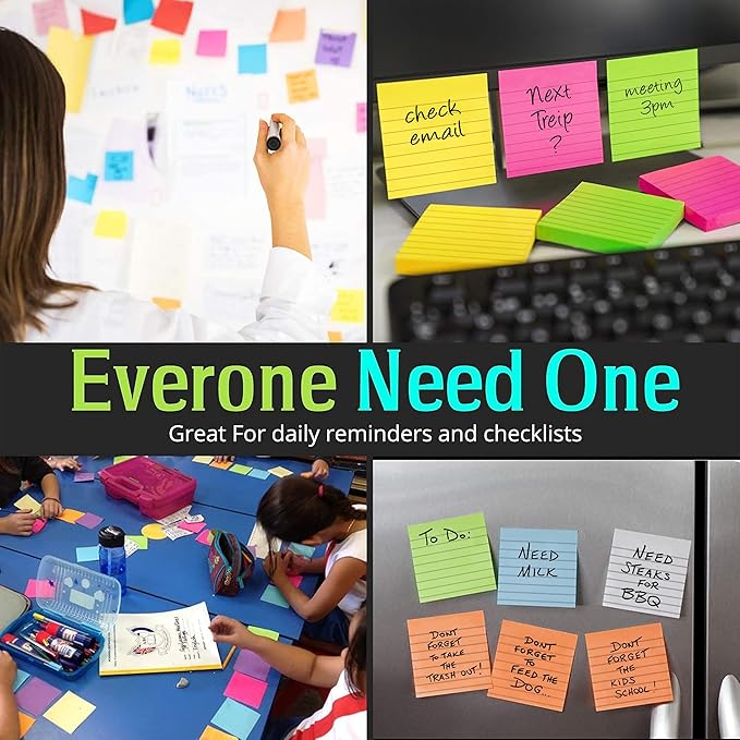 Lined Sticky Notes 3x3 Inch (24-Pack) – 2400 Sheets,100 Sheets per pad, Super Adhesive Ruled Sticky Note Pads in 8 Vibrant Colors for Office, School & Home Use