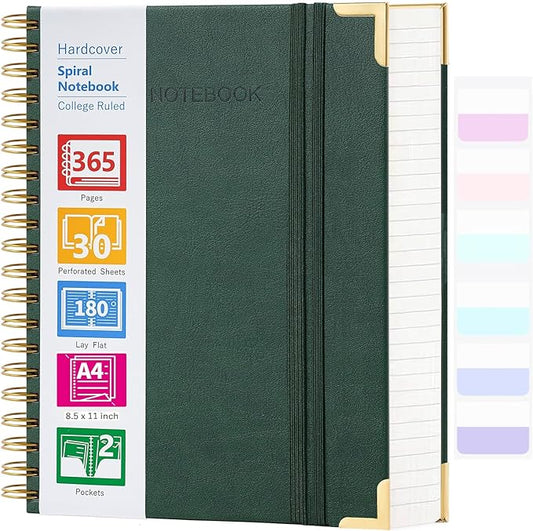 Spiral Notebook, 365 Page Hardcover College Ruled Notebook, 8.5" x 11", Large Leather Notebook Journal for Men Women, A4 Notebooks for Work School Notes, Journals for Writing, 24pcs Index Tabs, Green