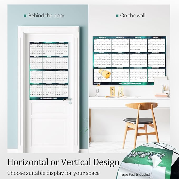 32" x 48" Apricity 2026 Wall Calendar Dry Erase - Dark Green Wall Calendar Wet & Dry Erasable Laminated 12 Month Annual Yearly Planner, Reversible, Horizontal/Vertical,with Julian Dates