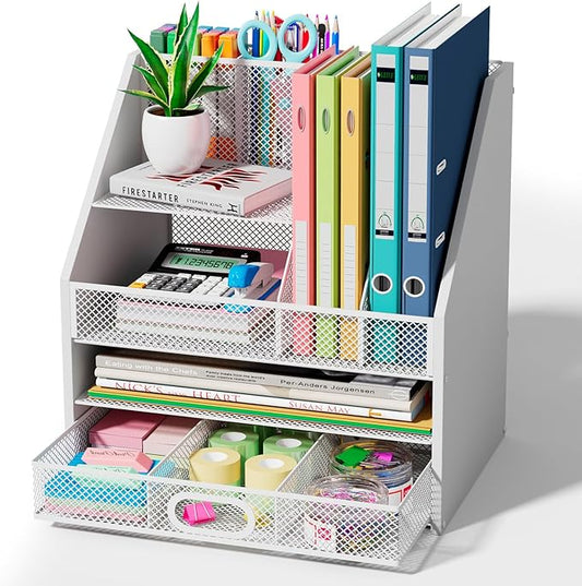 Wooden Desk Organizer - Mesh File Organizer with Drawers and Pen Holder - 4-Tier Vertical Paper Letter Storage Tray, Desktop Organizers and Accessories for Home Office （White