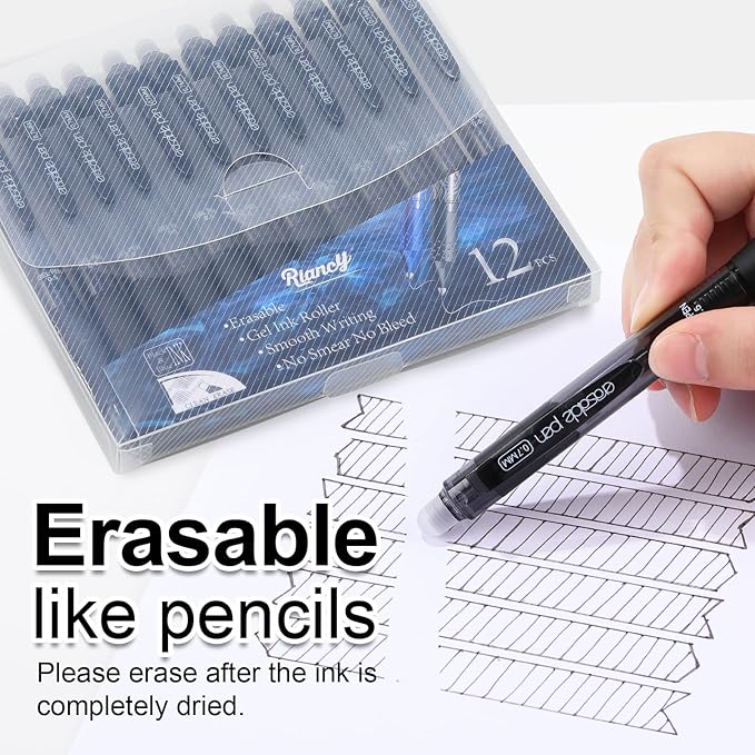 USUAL Retractable Erasable Pens 12 Colored Erasable Gel Pen 0.5mm Erasable Gel Pens Black Make Mistakes Disappear Smooth Writing Pen Office Back-to-School Supplies (Black)