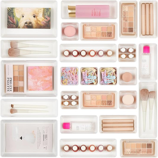 Vtopmart 25 PCS Plastic Drawer Organizers Set, 4-Size Versatile Bathroom and Vanity Drawer Organizer Trays, Storage Bins for Makeup, Bedroom, Kitchen Gadgets Utensils and Office