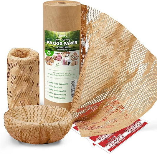 Honeycomb Packing Paper Wrap 15"x400' Sustainable Alternative to Bubble Cushioning Wrap Packing paper for Moving/shipping/packing Roll with 20 Fragile Sticker Biodegradable & Fully Recylable