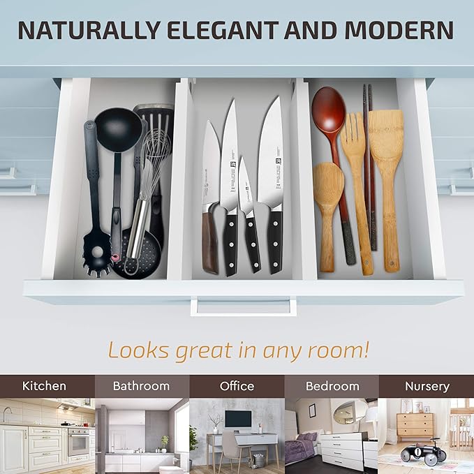 Bambüsi 4 Pack Drawer Dividers - 2.6" High, 16-22" Adjustable Bamboo Drawer Organizers for Clothes, Expandable Dresser Separators in Bedroom/Bathroom/Kitchen/Office Organization and Storage (White)