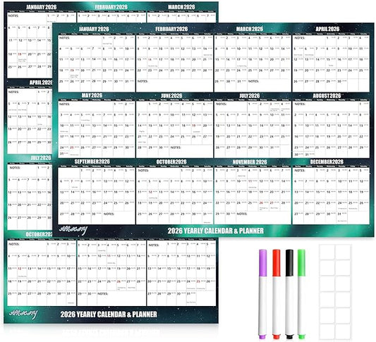 32" x 48" Apricity 2026 Wall Calendar Dry Erase - Dark Green Wall Calendar Wet & Dry Erasable Laminated 12 Month Annual Yearly Planner, Reversible, Horizontal/Vertical,with Julian Dates
