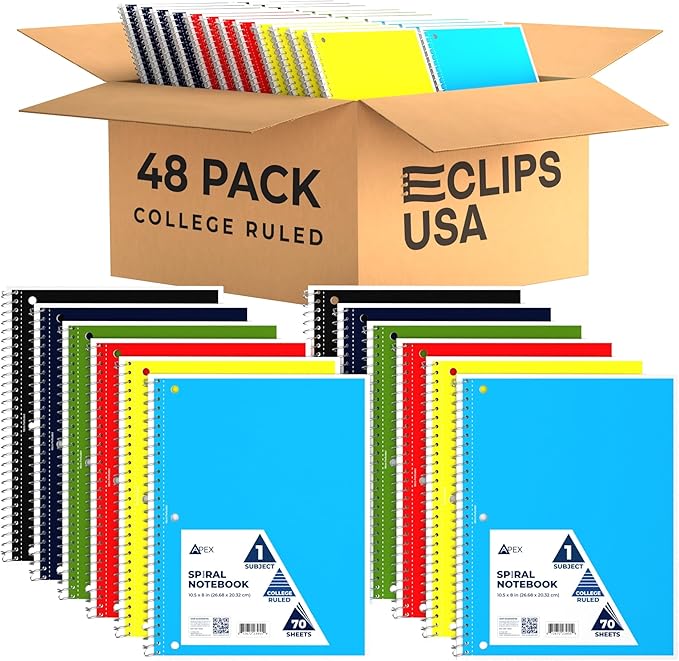 Spiral Notebook, Ruled Notebooks, 70 Sheets, Single Subject, Notebooks Bulk, 6 Color Assortment, 3 Hole Perforated Sheets (48, College Ruled)