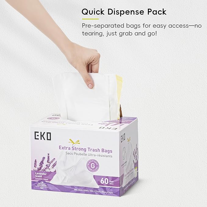 EKO 21 Gallon / 50-90 Liter, 60 Count Drawstring Trash Bags, Extra-Strong Garbage Bags, Lavender Scent with Continuous Odor Control, Easy-Dispense Roll for Kitchen and Household Use, Code G, White