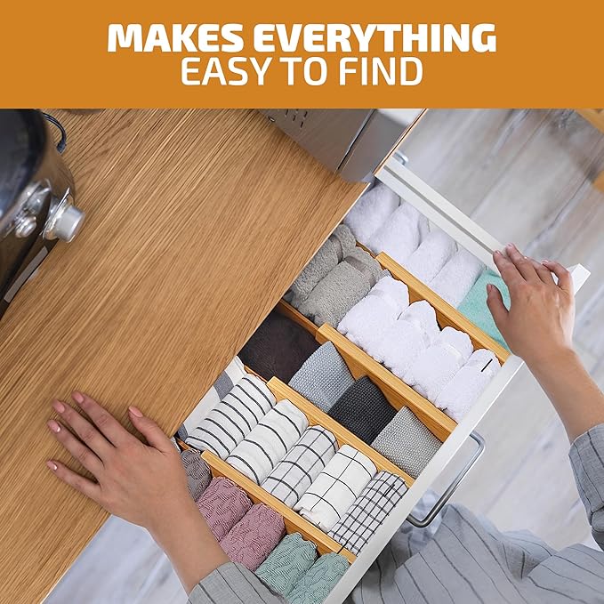 4 Pack Drawer Divider - Bamboo 2.6" High, 12.5-17" Adjustable Drawer Organizers for Clothes, Expandable Dresser Separators in Bedroom, Bathroom, Kitchen, Office Organization and Storage
