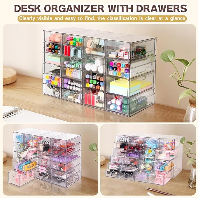 Acrylic Organizer with Drawers | 20 Drawers 4 Sets | Desk Organizer and Storage, Clear Makeup Organization, For Office/Art Supply/Craft Storage and Organization