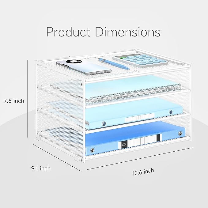 Lavatino 3-Tier Letter Tray Desk Paper Organizer – White Mesh Metal File Tray Organizer for Desk, Office Supplies & Home Organization | Fits A4/Letter Paper, Mail, Magazines and Office Accessories