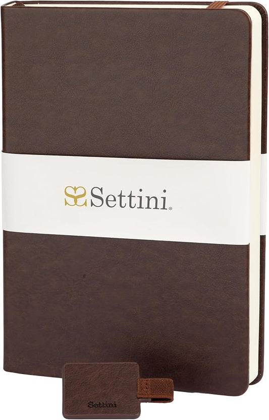SETTINI Journal Notebook for Writing, Vegan Leather Hardcover Notebook - Pen loop, Back Pockets & Lay-Flat design, 120 GSM A5 College ruled Bleed free Paper, Gift Set for Men and Women, Mocha Brown - Christmas Gifts