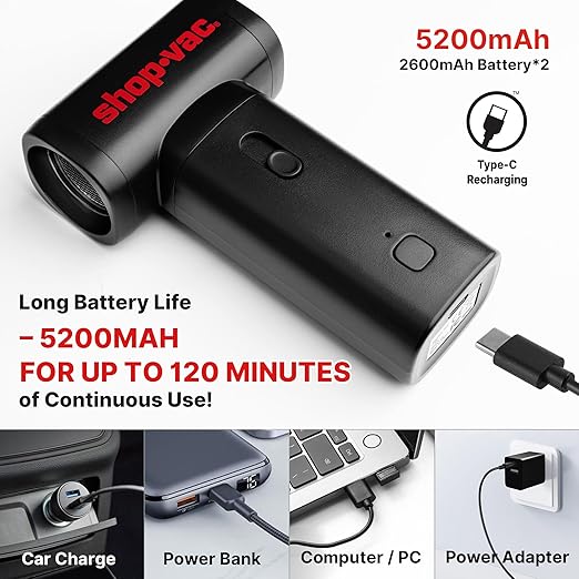 Shop-Vac Electric Air Duster, 100000RPM Cordless Air Blower with Brushless Motor, Rechargeable and Variable Speed Dust Blower for Computer, Keyboard, House, Outdoor and Car