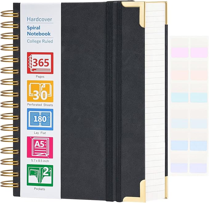 Spiral Notebook, 365 Page Hardcover Leather Notebook Journal, Large A5 Lined Journal for Women Men, College Ruled Notebooks for Work School, Journals for Writing, 24pcs Index Tabs, 5.5" x 8.5", Black