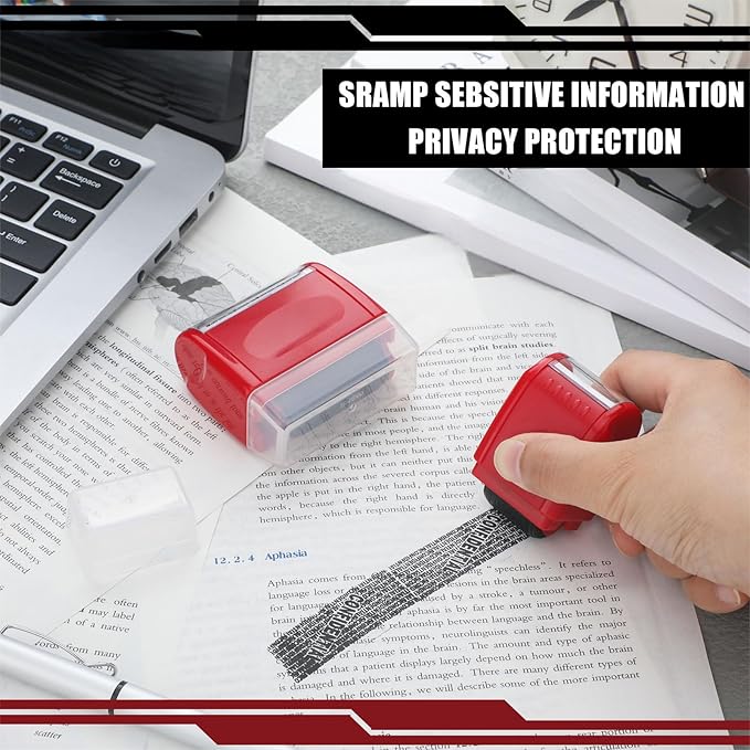 Nezyo 2 Pack Identity Protection Roller Stamp Identity Theft, Confidential, Privacy Roller Stamp Information Blocker and 4 Pack Refill Ink for ID Account Data Address Security(Red)