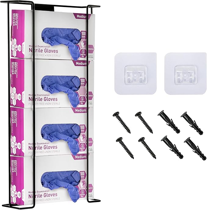 Alpine Glove Holder for Wall Mount Latex Gloves - Wire Box Dispenser for Disposable Gloves, Tissues, Masks, Wipes & More - Fits 4 Boxes (Black)