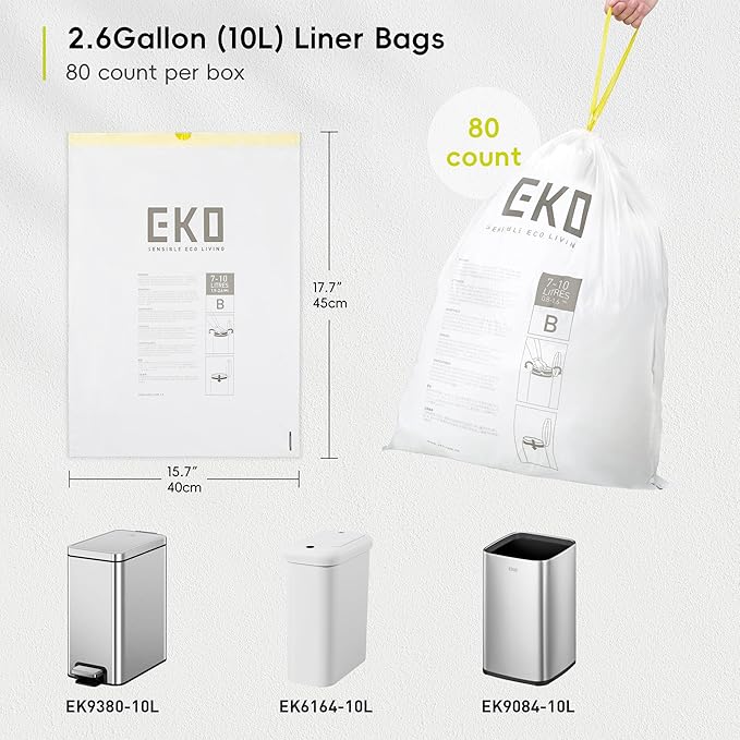 EKO 2.6 Gallon / 7-10 Liter, 80 Count Small Drawstring Trash Bags, Extra-Strong Unscented Garbage Bags, Easy-Dispense Roll for Kitchen & Household Use, Resists Tears, Leaks and Punctures, Code B White