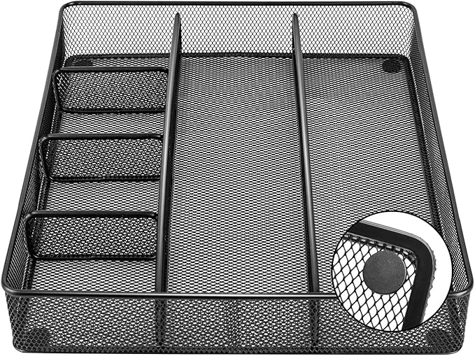 Amazon Basics Desk Drawer Organizer for Office and Home, Metal Mesh, Anti-Slip, 6 Compartments, Black