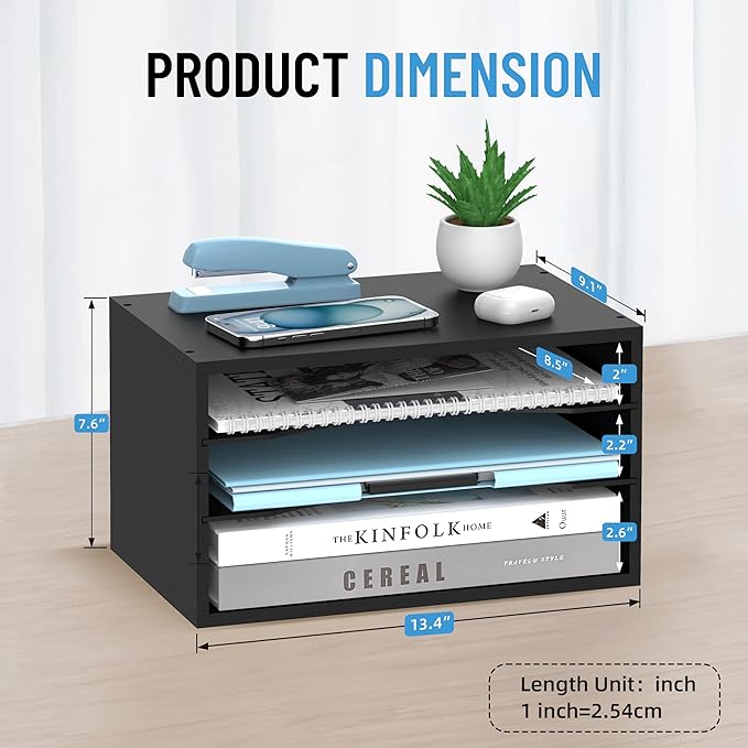 Wood Desk Organizer, 3 Tier Paper Tray Organizer for Desk with Adjustable Storage Shelves, Desktop File Organization Paper Sorter Mail Holder for Office Home Classroom, Black