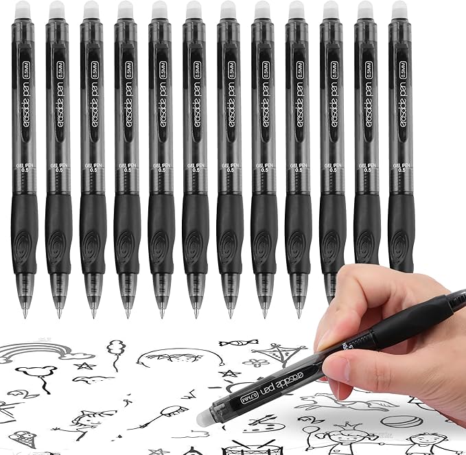 USUAL Retractable Erasable Pens 12 Colored Erasable Gel Pen 0.5mm Erasable Gel Pens Black Make Mistakes Disappear Smooth Writing Pen Office Back-to-School Supplies (Black)