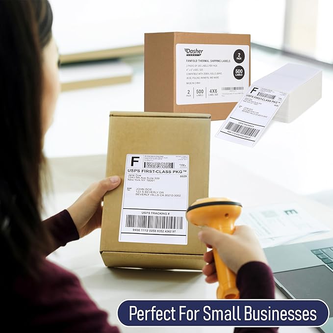 Thermal Shipping Labels 4x6, 1000 Labels/2 Stacks (500 per Stack) Commercial Grade with Permanent Adhesive, Fanfold Direct Thermal Printer Label Compatible with Zebra, Rollo, iDRPT, Polono, MUNBYN