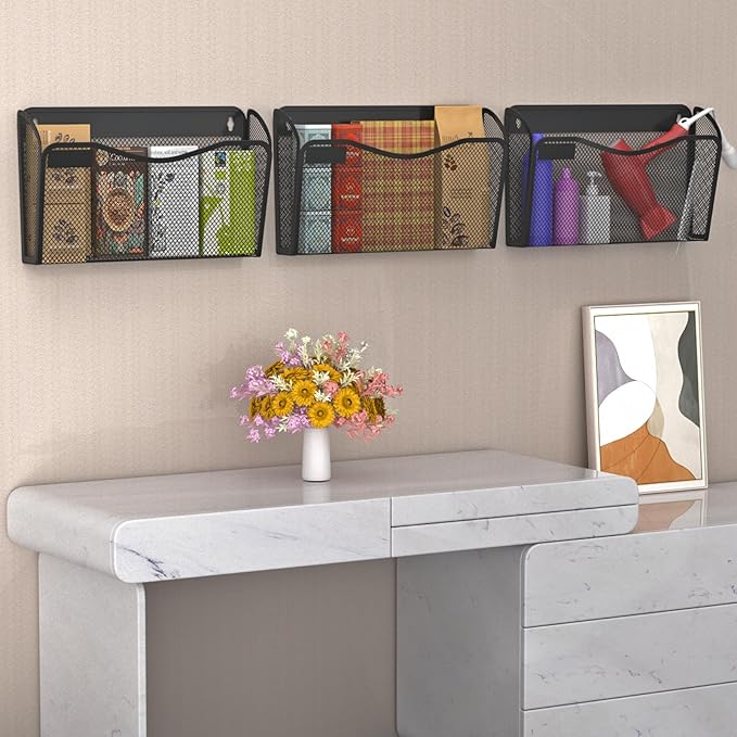 Wall File Organizer, Mesh Hanging File Organizer, Home Office Organization and Storage, 3 Single Pockets Document Magazine Rack