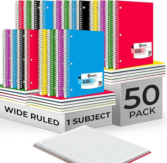 Rosmonde 50 Pack, 1 Subject Spiral Notebook Wide Ruled Bulk, 140 Pages (70 Sheets), Thick No-Bleed Paper, 8 x 10-1/2", 3 Hole Punched, 1 Subject Spiral Notebook Bulk, Bulk Subject Notebook