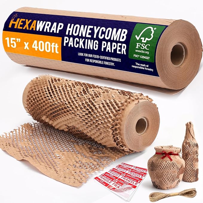 Honeycomb Packing Paper 15" x 400ft with Rope & 20 Fragile Stickers|Shipping & Moving Supplies|Small Business Packaging Supplies|Eco Friendly Bubble Wrap Packing Boxes for Moving Certified FSC C204227