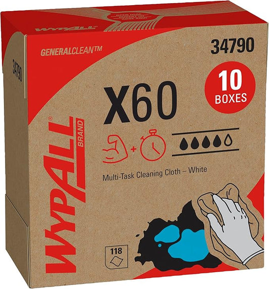 WypAll GeneralClean X60 Cloths Multi-Task Cleaning Wipes (34790), Pop-Up Box, Strong and Absorbent Towels, White (10 Boxes of 118 Sheets, 1,180 Sheet Total)