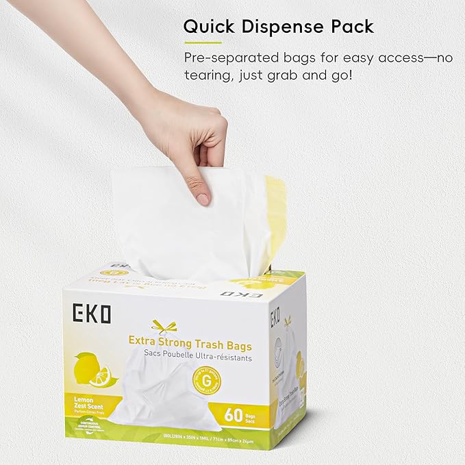 EKO 21 Gallon / 50-90 Liter, 60 Count Drawstring Trash Bags, Extra-Strong Garbage Bags, Lemon Zest Scent with Continuous Odor Control, Easy-Dispense Roll for Kitchen and Household Use, Code G, White