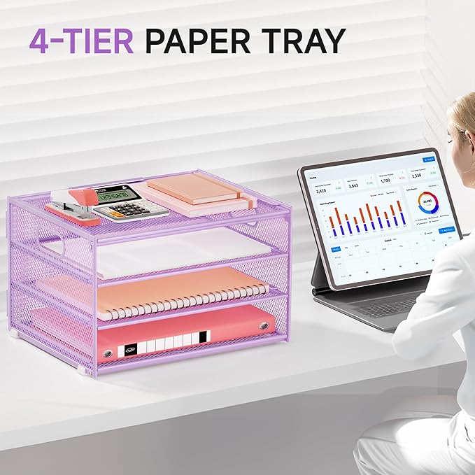 Lavatino 3-Tier Letter Tray Desk Organizer, Mesh Paper File Tray Organizer for Desk, Office Supplies & Home Organization, Fits A4 Paper, Mail, Magazines & Office Accessories (Purple with Handle)