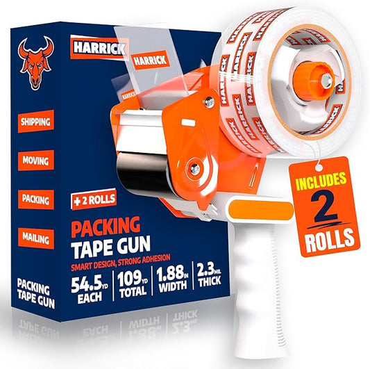 Clear Packing Tape 1.88 inch - Metal Package Tape for Home & Office - Strong & Durable Shipping Packaging Tape - Clear Packaging Tape Dispenser Heavy Duty - 2 Roll / 1 Tape Gun / 109 Yards