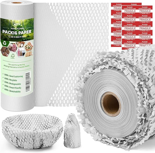 Honeycomb Packing Paper, 12" x 200' Packing Paper Substitute Alternative for Bubble Cushioning Wrap for Moving Shipping Packaging, Recyclable Moving Supplies Bubble Packing Wrap Roll-White