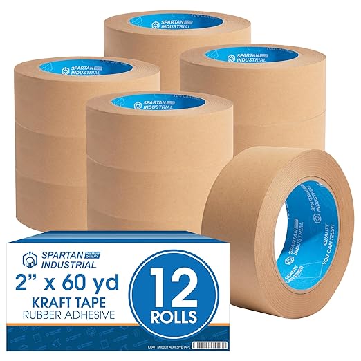 SPARTAN INDUSTRIAL - 2" X 60 yd Kraft Tape with Rubber Adhesive - 12 Rolls of Brown Packing Tape for Moving Boxes and Shipping - 7 Mil
